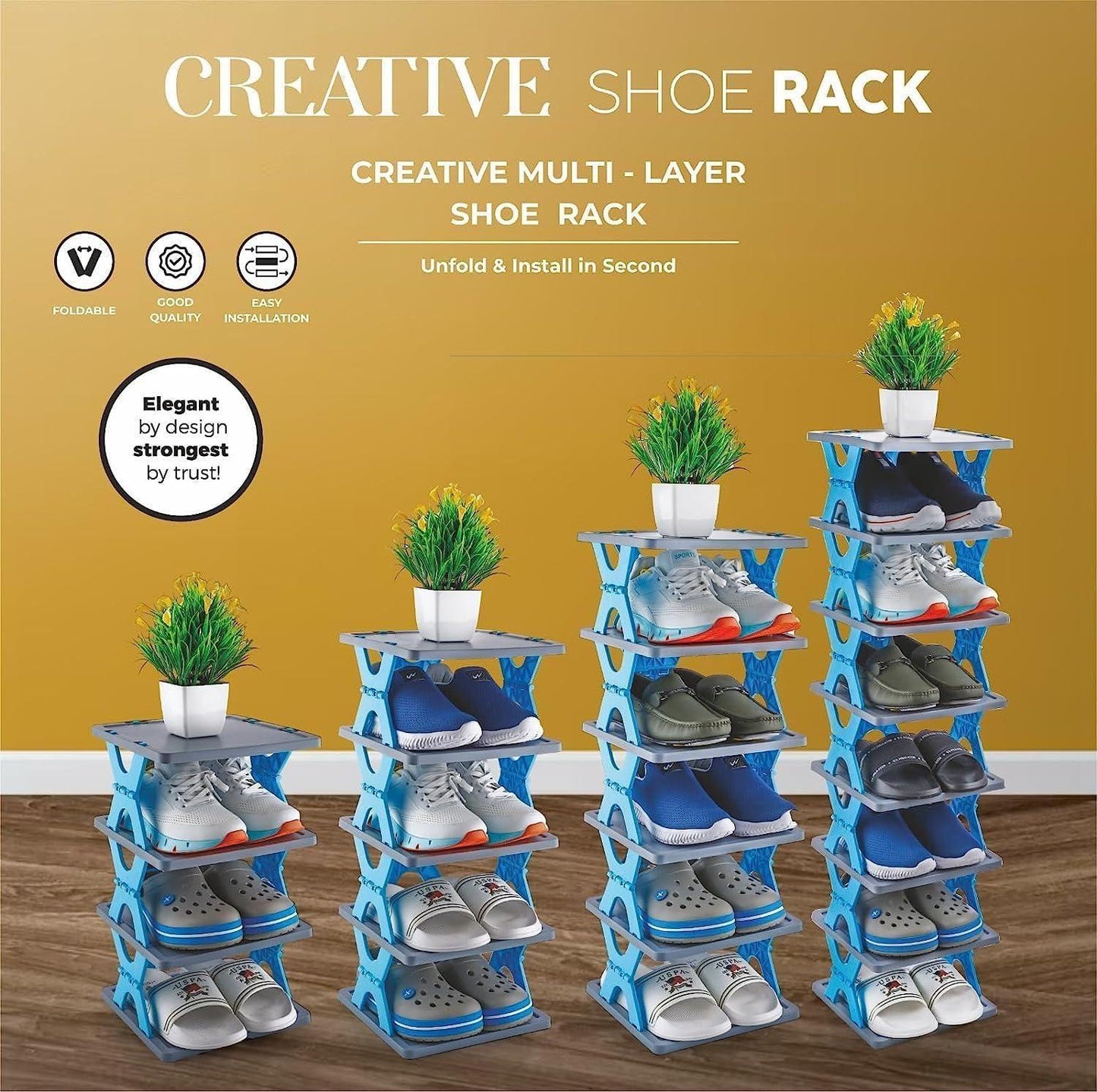ROCKTELLS Smart Shoe Rack with 6 Layer Shoes Stand Multifunctional Entryway Foldable & Collapsible Door Shoe Rack Free Standing Heavy Duty Plastic Shoe Shelf Storage Organizer