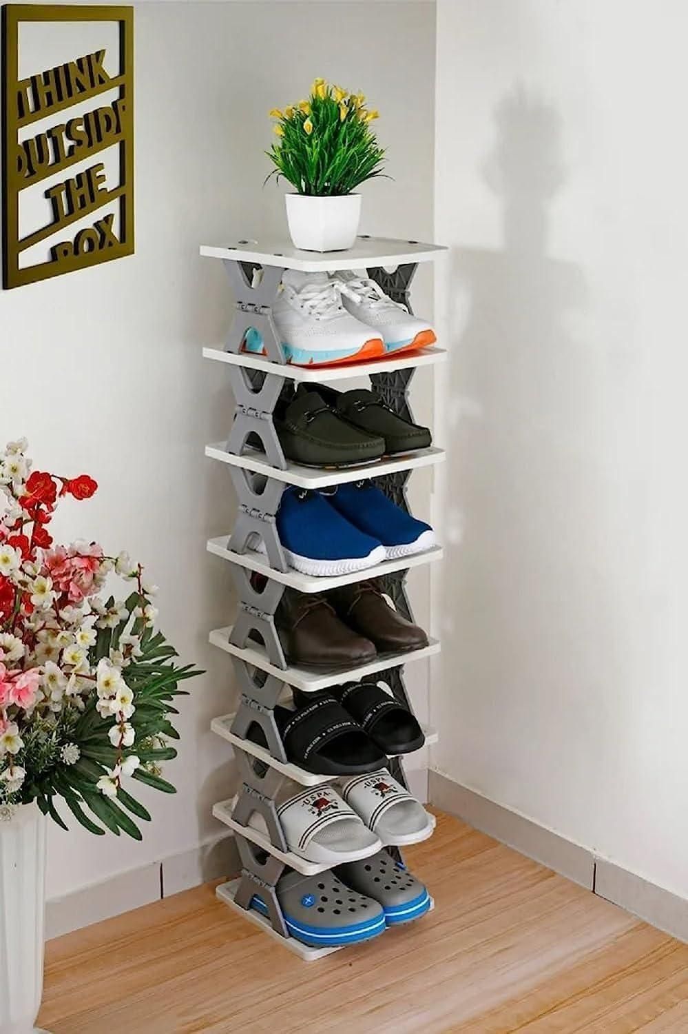 ROCKTELLS Smart Shoe Rack with 6 Layer Shoes Stand Multifunctional Entryway Foldable & Collapsible Door Shoe Rack Free Standing Heavy Duty Plastic Shoe Shelf Storage Organizer